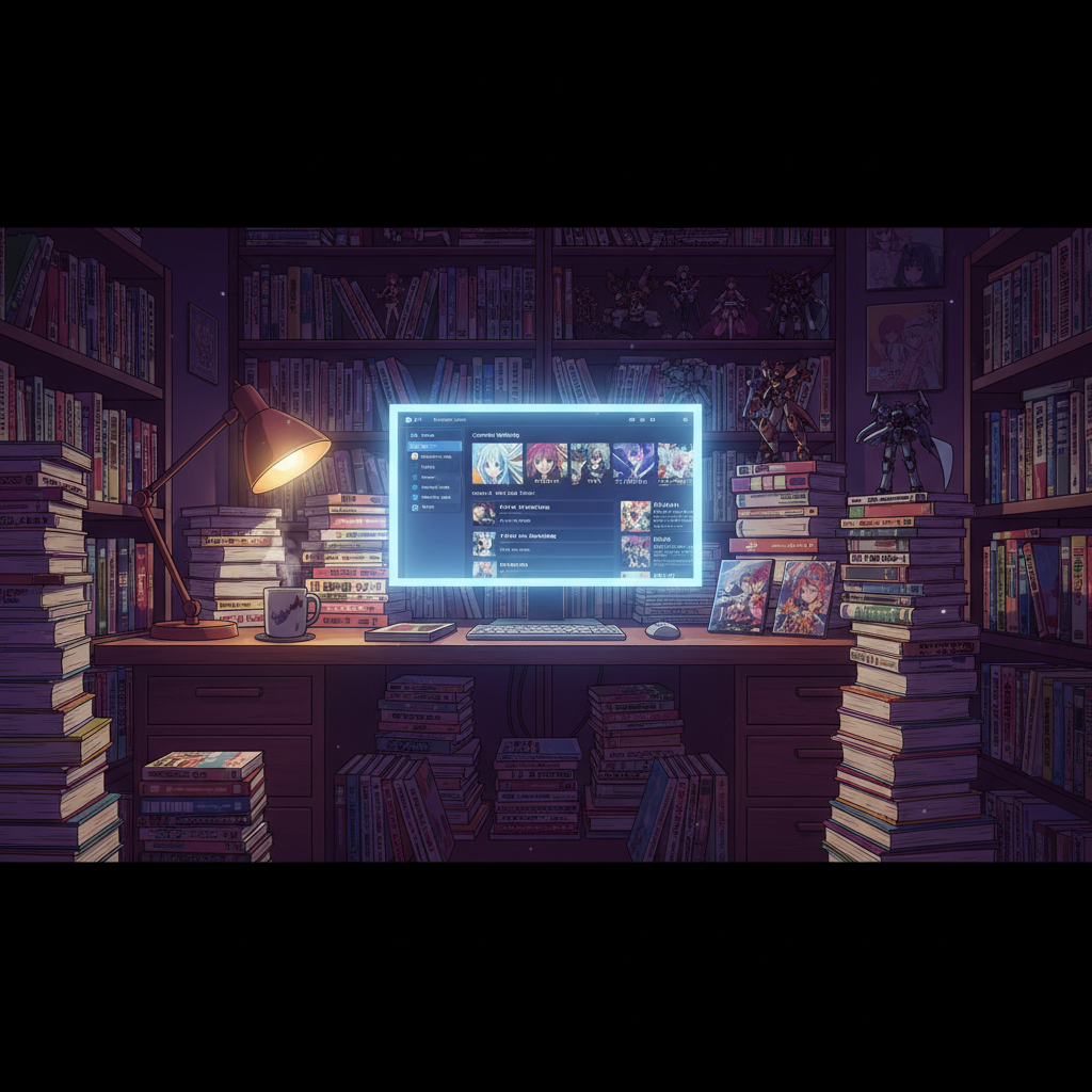 Dramatic anime-style illustration of a cozy late-night otaku study room — towering stacks of manga volumes, a glowing computer screen showing anime episode watchlists and rankings, scattered collector figures and blu-ray cases on shelves, warm amber desk lamp casting soft shadows, a steaming cup of tea, cel-shaded anime art style with rich purples and deep blues in the shadows, cinematic widescreen composition, highly detailed